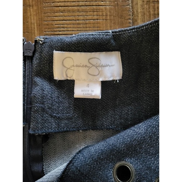 Jessica Simpson Size 4 Denim Blue Dress Eyelet Bodycon Stretch Knee Length - Picture 3 of 8